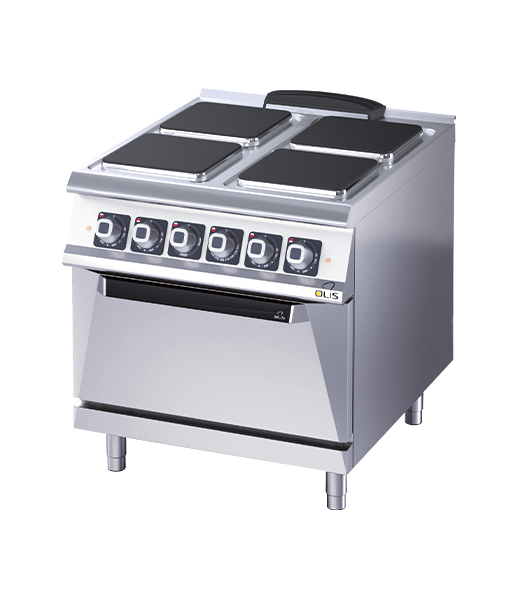 ELECTRIC STOVE - 4 SQUARE PLATES - GN 2/1 OVEN - 10.4 kW + 6 kW OVEN