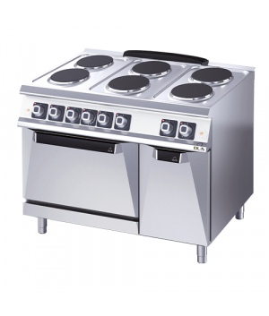 ELECTRIC STOVE - 6 ROUND PLATES + CUPBOARD - GN 2/1 OVEN - 15,6 kW + 6 kW OVEN